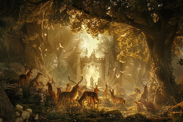 Foto uma pintura de cervos e cervos em uma floresta com um portão no fundo