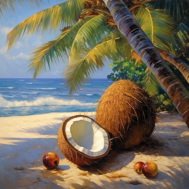 Uma pintura de cocos em uma praia com uma palmeira ao fundo.