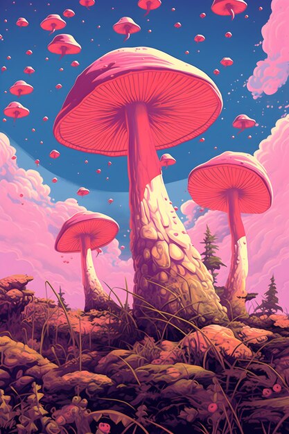Uma pintura de cogumelos com um chapéu rosa