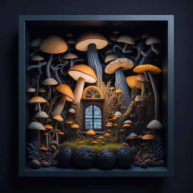 Uma pintura de cogumelos e uma janela em uma moldura escura.
