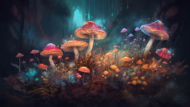 Uma pintura de cogumelos em uma floresta com fundo azul.