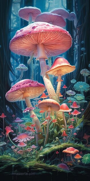 Uma pintura de cogumelos em uma floresta com fundo azul.
