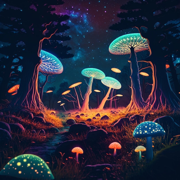 Uma pintura de cogumelos em uma floresta com um céu azul e as palavras "noite" na parte inferior.