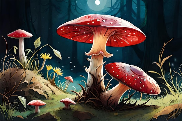 Uma pintura de cogumelos em uma floresta escura