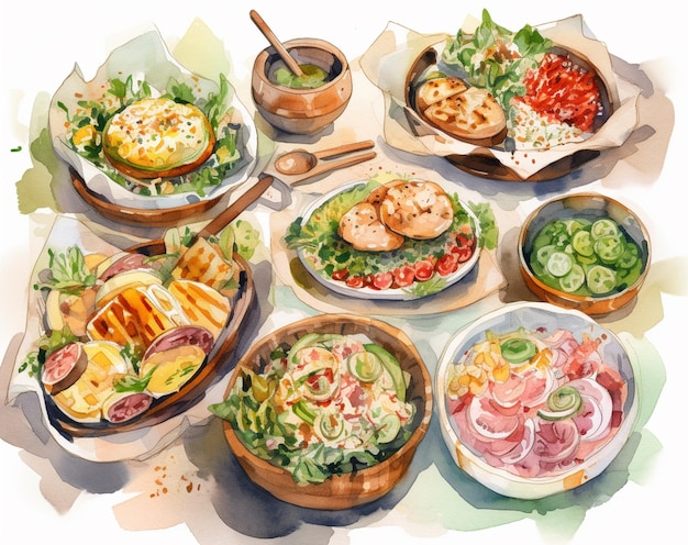 Uma pintura de comida em uma mesa com uma tigela de saladas e outros alimentos.
