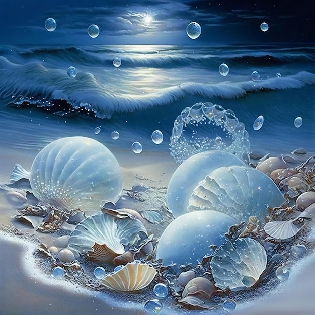 Uma pintura de conchas e conchas na praia.
