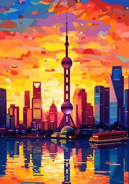 Uma pintura de cores brilhantes de um horizonte da cidade com um barco na água