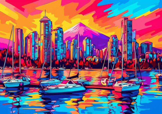 Uma pintura de cores brilhantes de uma cidade com barcos na água