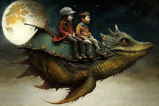 Uma pintura de crianças montando um dinossauro com uma lua no topo.