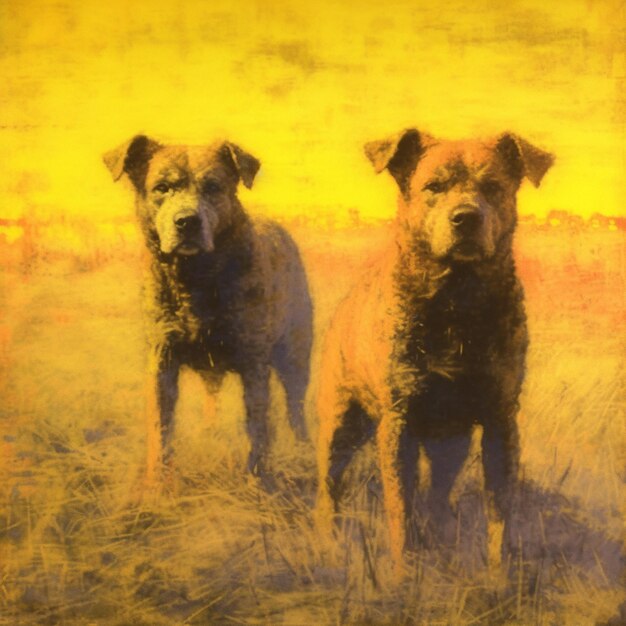 Foto uma pintura de dois cachorros em um campo com fundo amarelo.