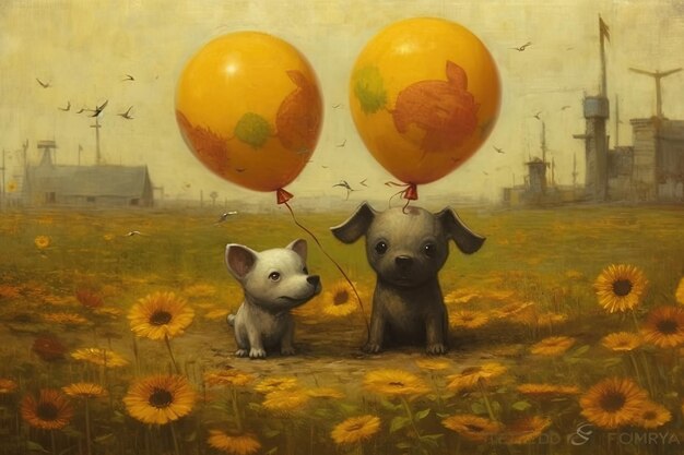 Uma pintura de dois cachorros segurando balões em um campo de flores.