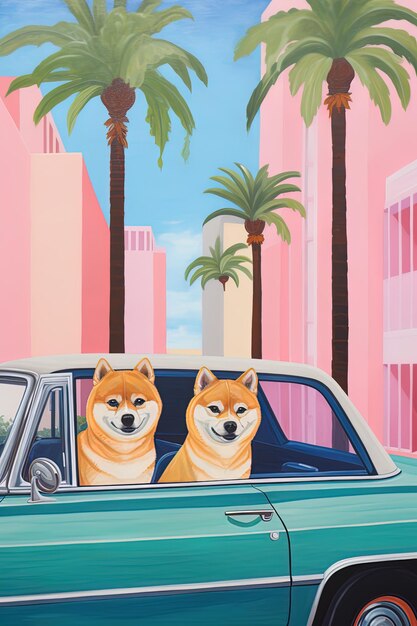 uma pintura de dois cães em um carro que diz cães