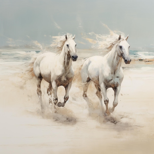 Uma pintura de dois cavalos brancos a correr numa praia.