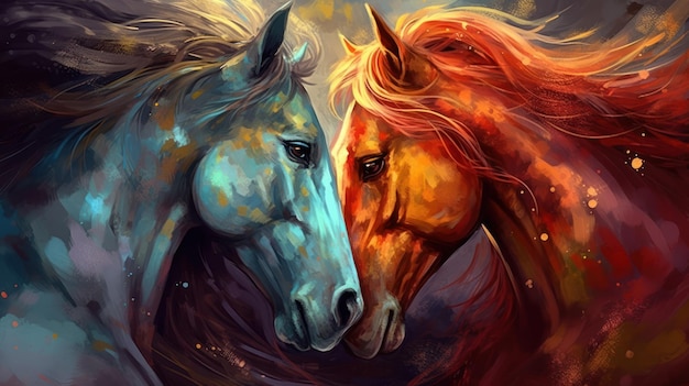 Uma pintura de dois cavalos com as cores do arco-íris.