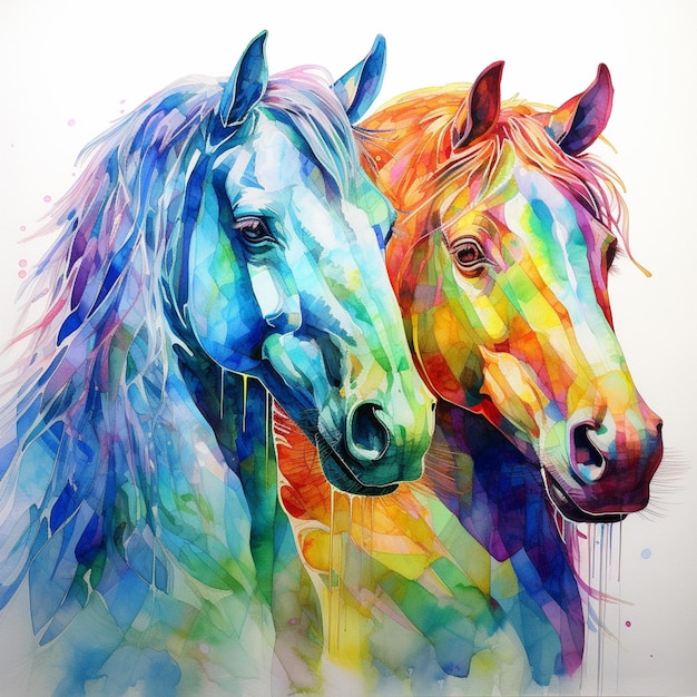 Uma pintura de dois cavalos com cores diferentes e a palavra cavalo na frente.