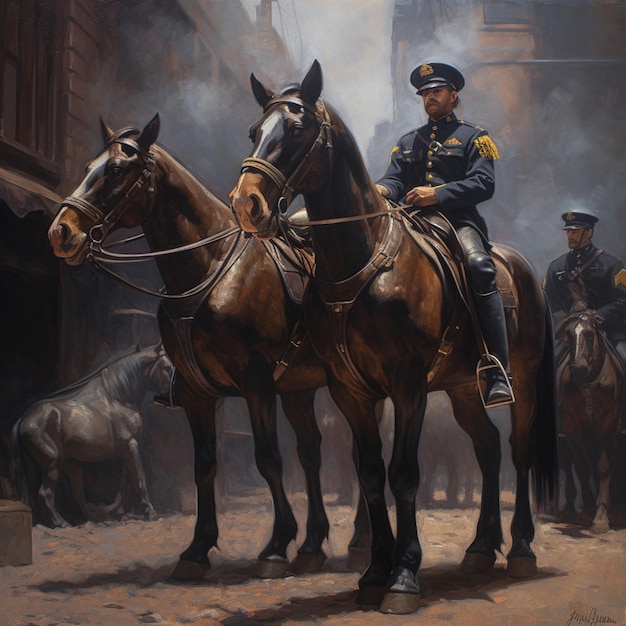 Uma pintura de dois cavalos com um homem do lado direito