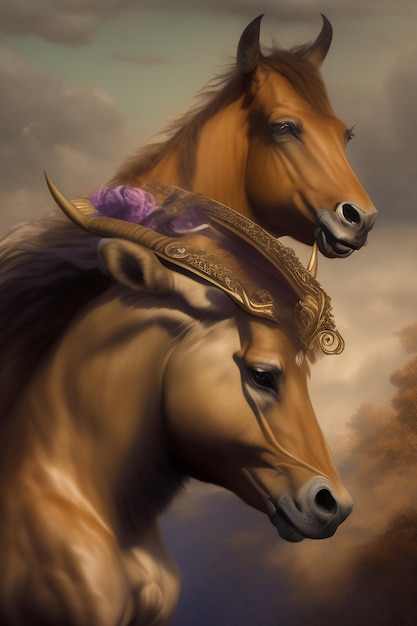 Uma pintura de dois cavalos com uma flor roxa na cabeça