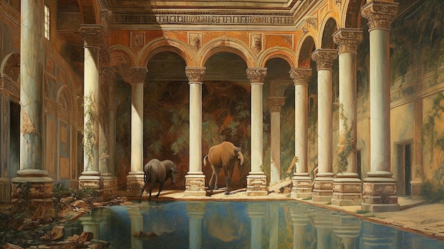 Uma pintura de dois cavalos em um prédio com uma piscina no meio.
