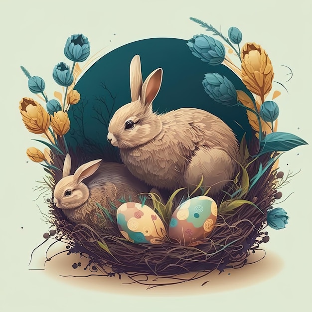 Uma pintura de dois coelhos em um ninho com ovos e flores.