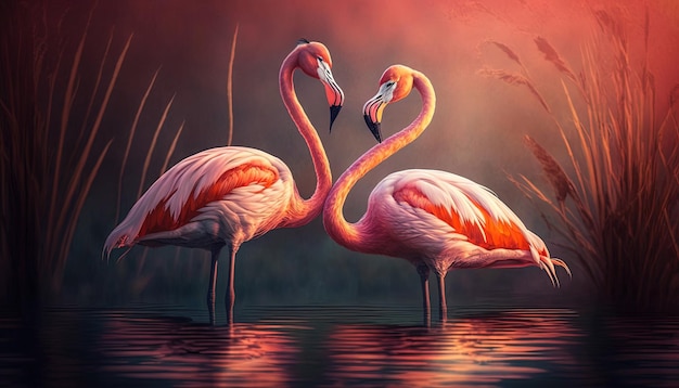 Uma pintura de dois flamingos com os pescoços cruzados na água