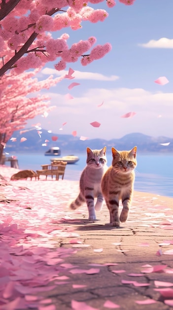 Uma pintura de dois gatos andando em um caminho com flores cor de rosa no chão.