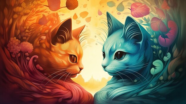 Uma pintura de dois gatos com as palavras 'gato' no canto inferior direito.