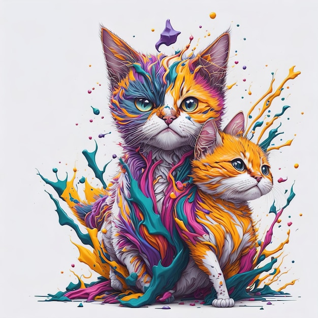 Uma pintura de dois gatos com cores diferentes