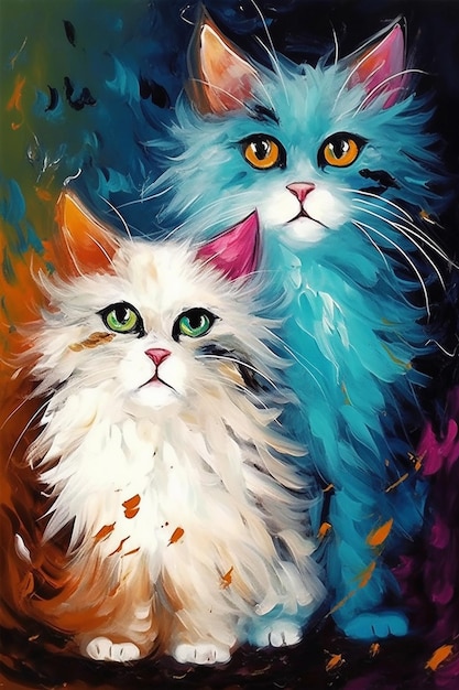 Uma pintura de dois gatos com olhos azuis.