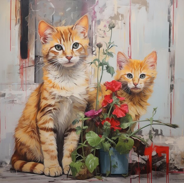 Foto uma pintura de dois gatos com uma caixa vermelha que diz “o nome”.