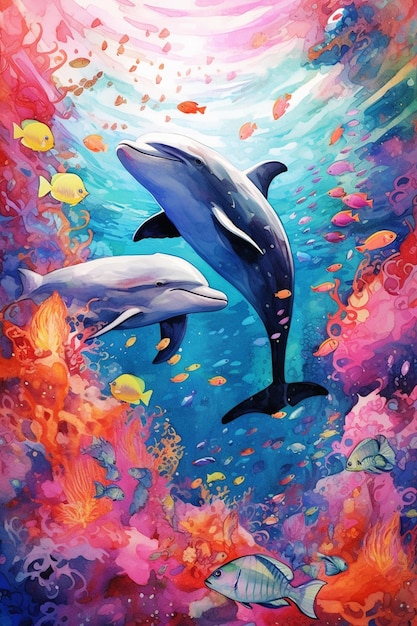 Uma pintura de dois golfinhos na água