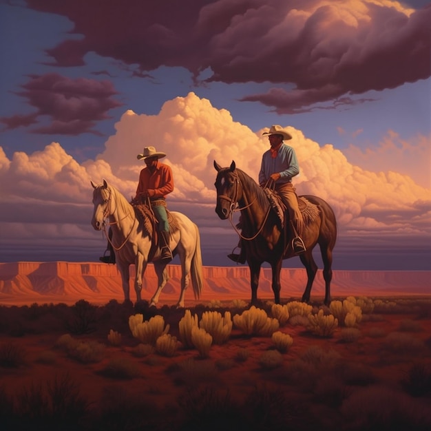 uma pintura de dois homens a cavalo com um pôr do sol ao fundo.