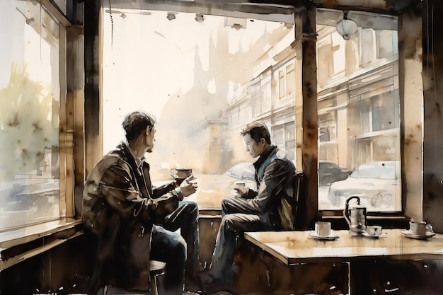 Uma pintura de dois homens sentados em um café, um dos quais é uma xícara de café.