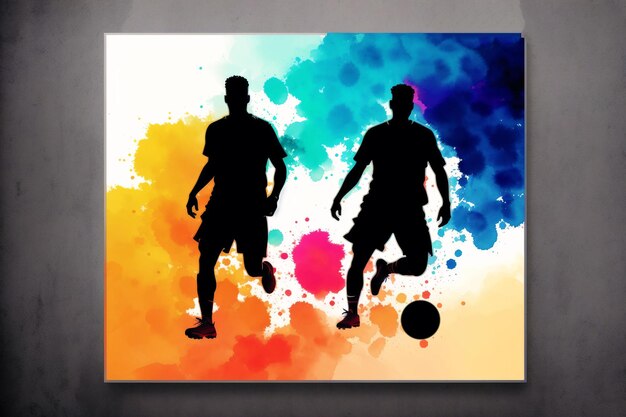 Uma pintura de dois jogadores de futebol com fundo azul e a palavra "futebol" na parte inferior.