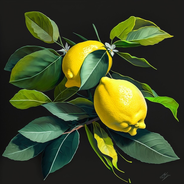 Uma pintura de dois limões em um galho com folhas e as palavras "limão" na parte inferior.