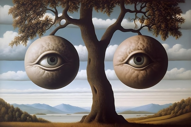 Uma pintura de dois olhos e uma árvore com a palavra "olho" nela.