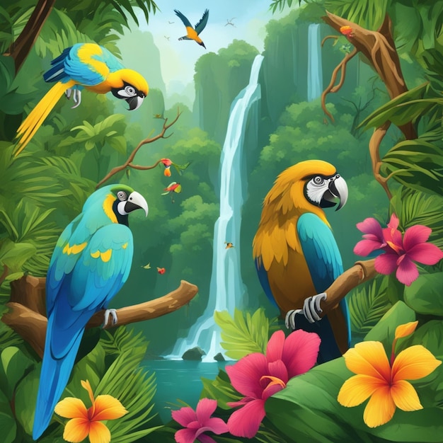 uma pintura de dois papagaios na selva com uma cachoeira no fundo