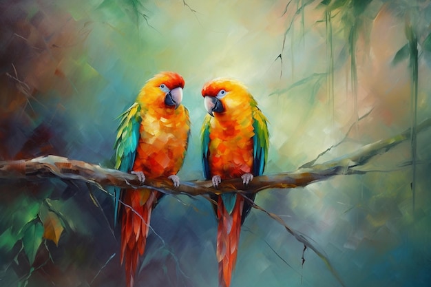 Uma pintura de dois papagaios sentados em um galho.
