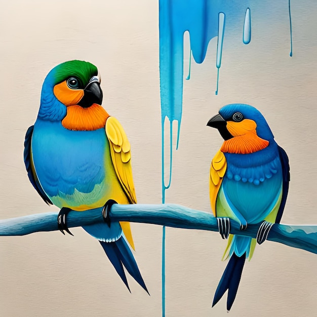 Uma pintura de dois pássaros com asas azuis e amarelas e asas verdes.