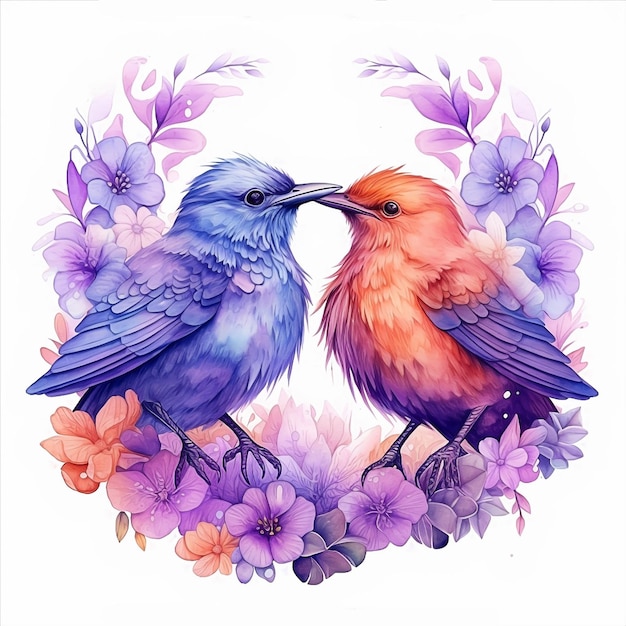 Uma pintura de dois pássaros com penas roxas e laranja