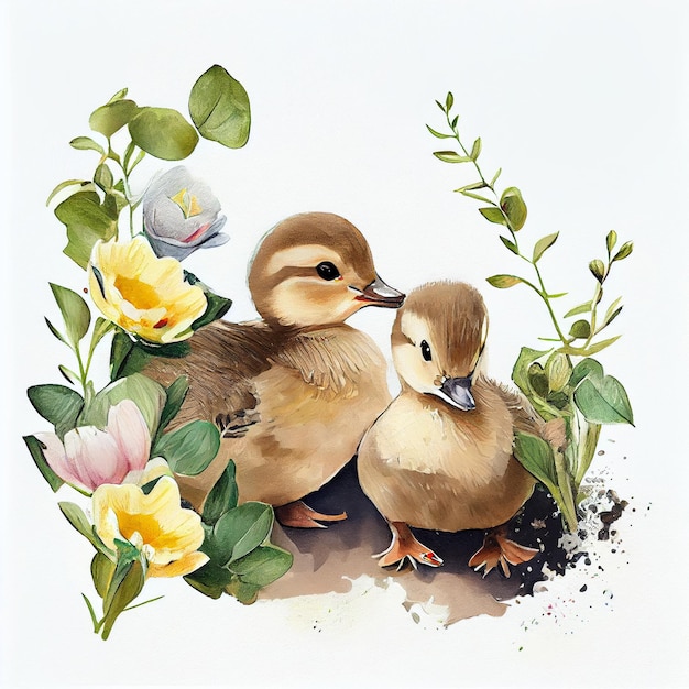 Uma pintura de dois patos com flores e folhas no fundo.