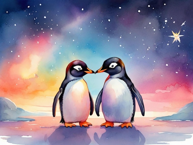 uma pintura de dois pinguins com a lua no fundo