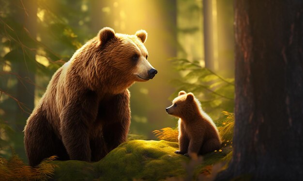 uma pintura de dois ursos na floresta com um deles dizendo " urso "