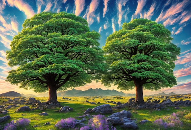 Uma pintura de duas árvores com um céu nublado ao fundo.