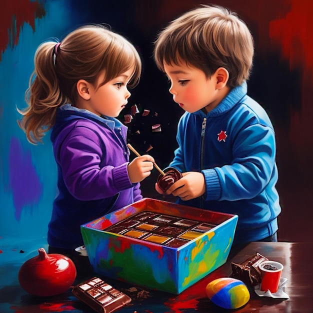 Uma pintura de duas crianças brincando com chocolates