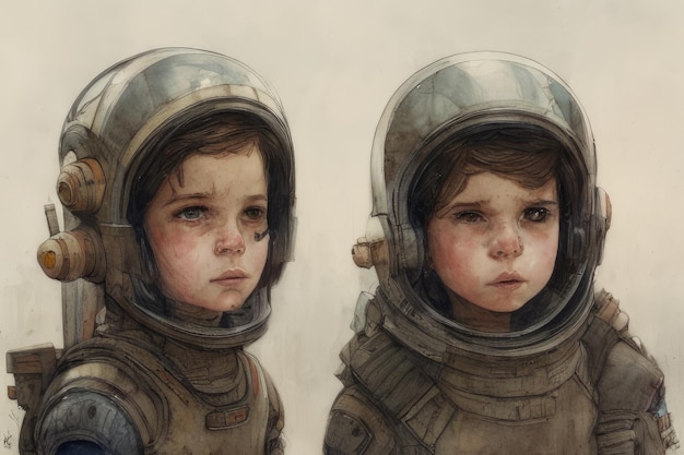 Uma pintura de duas crianças vestindo trajes de astronauta.