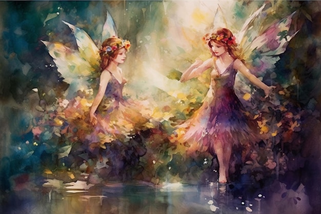 Uma pintura de duas fadas com flores em suas asas