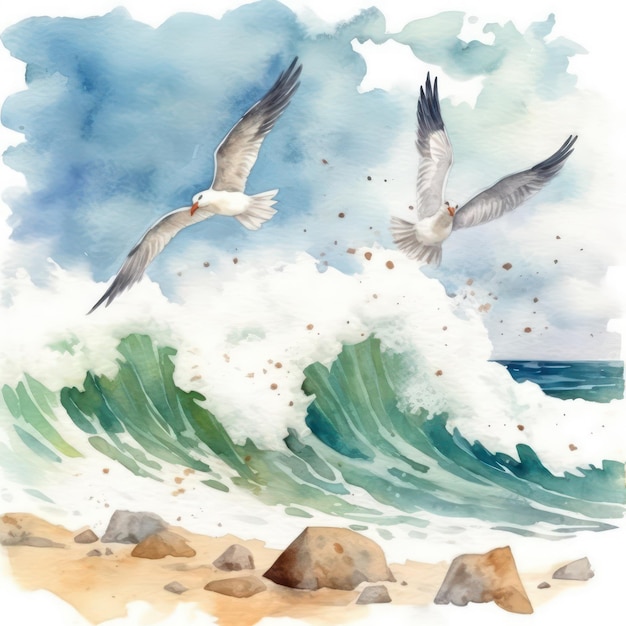 Foto uma pintura de duas gaivotas voando sobre uma onda que está prestes a bater na costa.