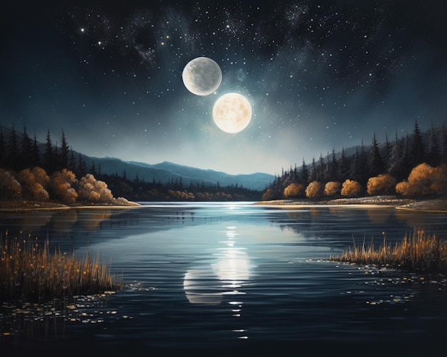 Uma pintura de duas luas sobre um lago com montanhas ao fundo.