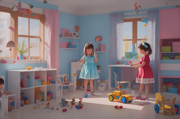 Foto uma pintura de duas meninas brincando com brinquedos e uma janela ao fundo.