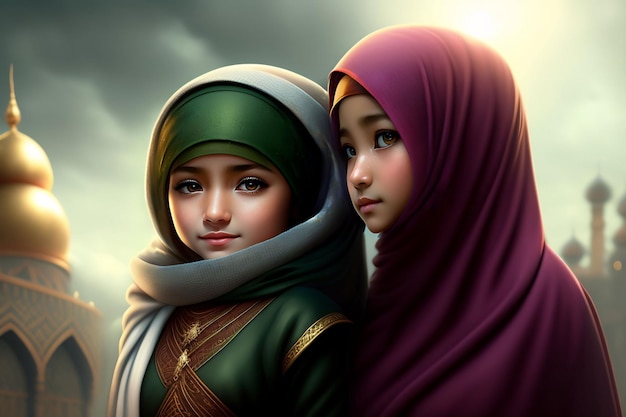 Uma pintura de duas meninas em um hijab colorido